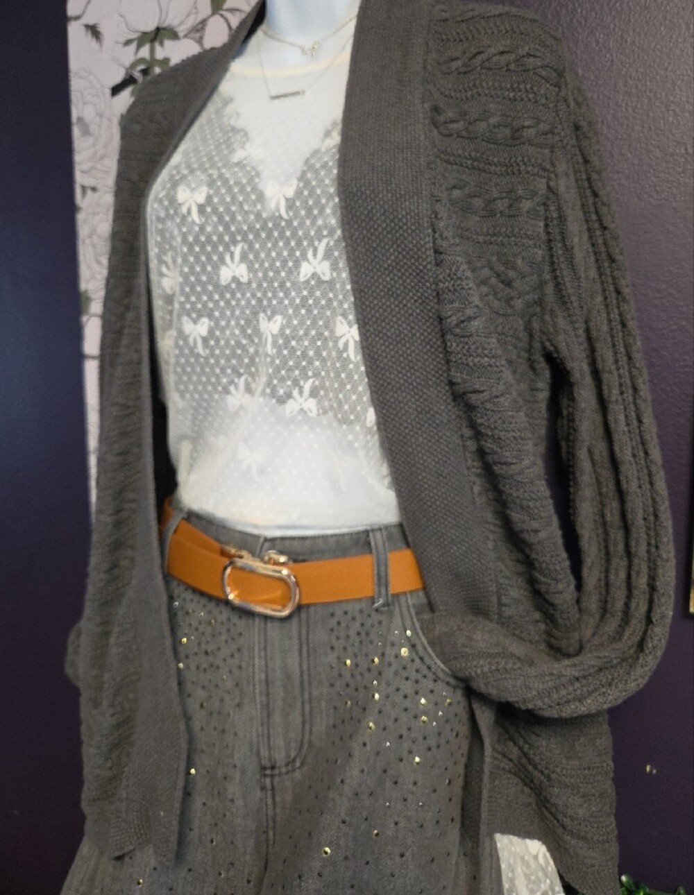 croft & barrow Charcoal Open-Front Cardigan with Cable Knit Sleeves